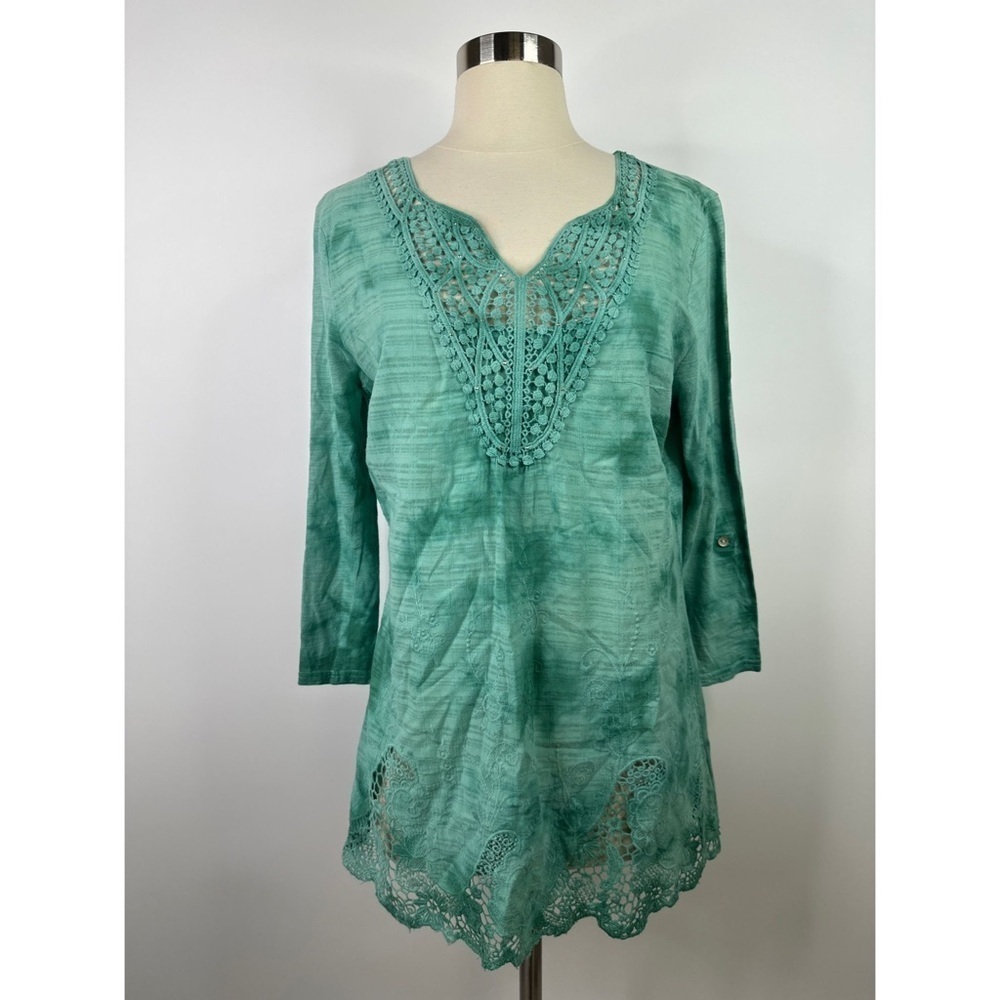Reba Tie Dye Embroidered Flare Sleeves Pullover Tunic Top